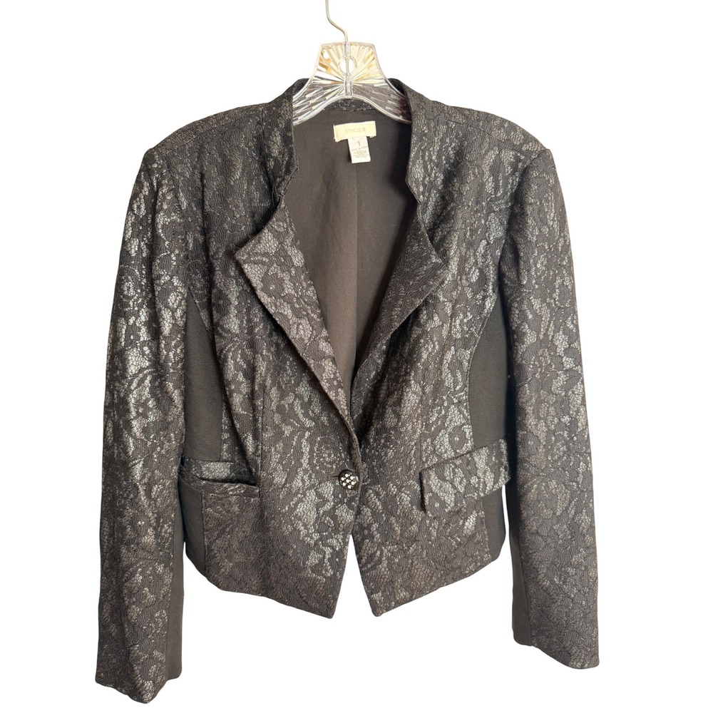 Chico's Black Lace Blazer Jacket Size 1 Med Open Front Stretch Career Cocktail